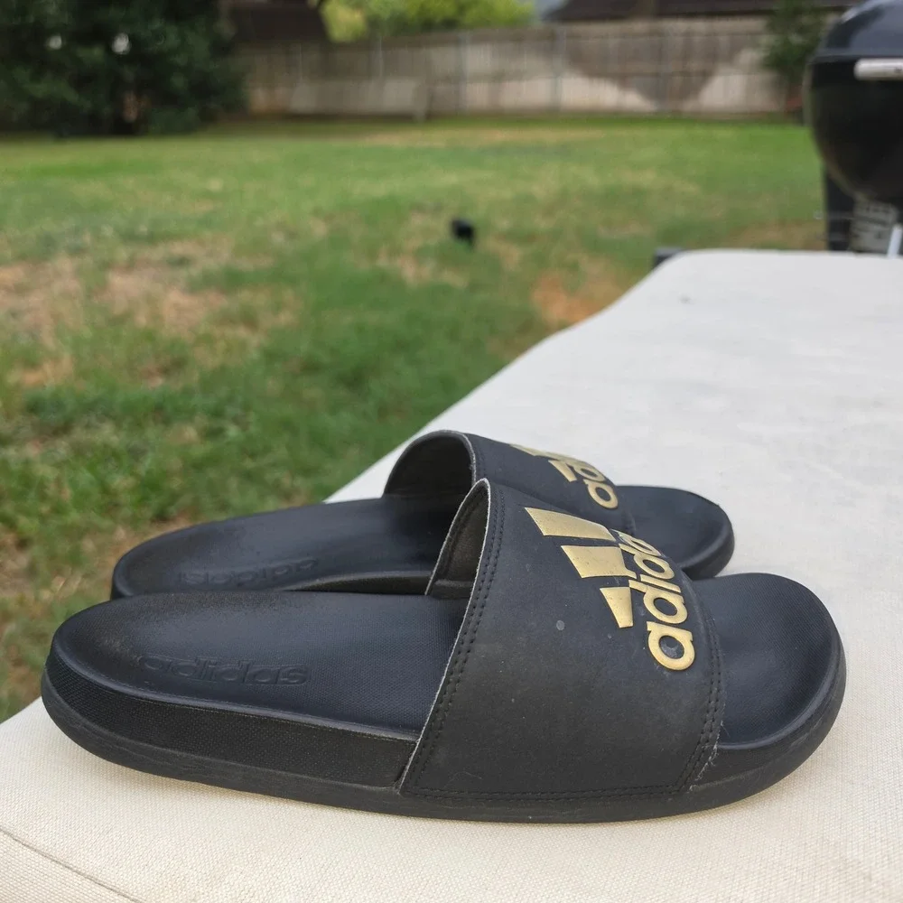 Adidas Adilette Shower Slides Black Gold Metallic Logo Sandals B41742 Mens 7